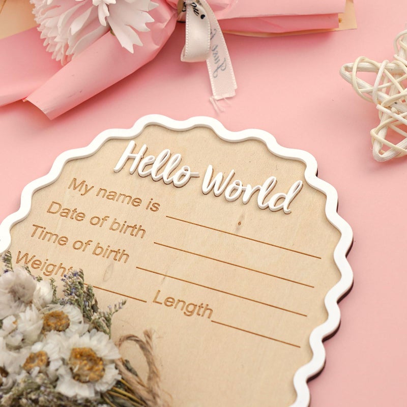 Wonhibo Daisy Newborn Announcement Sign - Baby Hospital Photo Prop Wooden Board Card with Real Pressed Flowers Hello World - Image 4